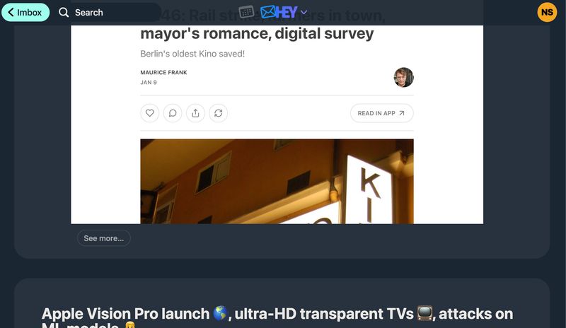 Clicking on “See more…” in Hey’s Feed makes the post full-screen and scrollable but keeps the header sticky 