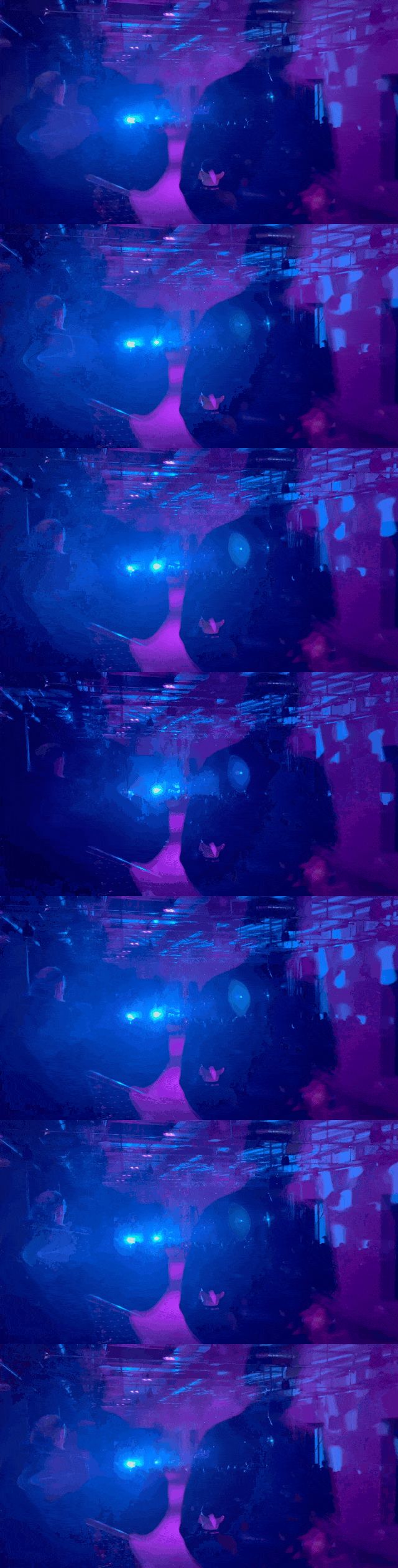 Osmium on stage seen through the balcony glass at Silent Green. A couple silhouettes reflect in the glass. The room is lit with blue and purple