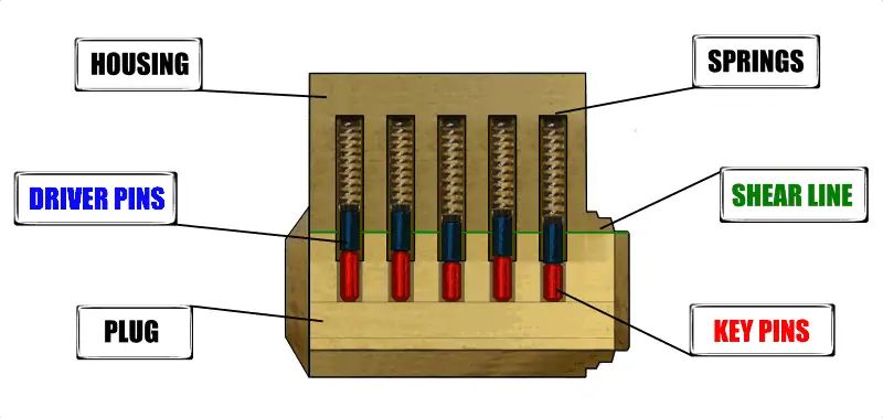 A schematic of a typical pin tumbler lock: a housing, springs, driver pins, shear line, plug, key pins.