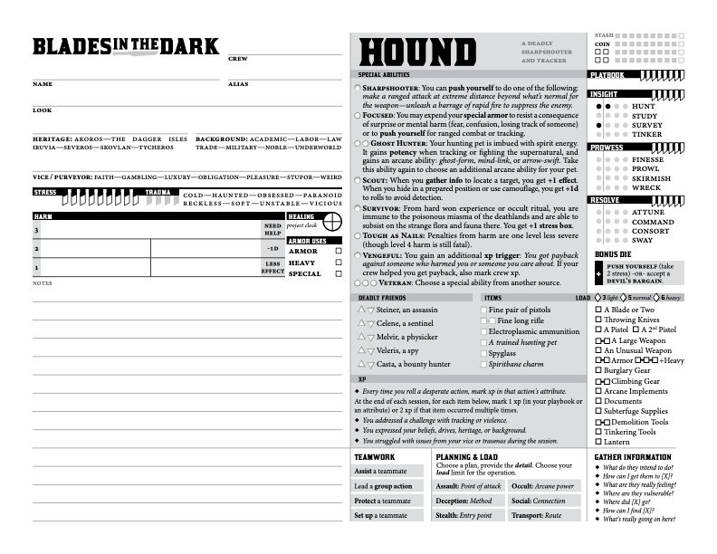 A character sheet for the Hound class