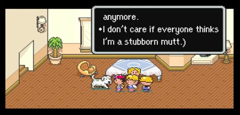 A screenshot from the game called Earthbound: a few kids and a dog. The dog is saying it doesn't want to go out