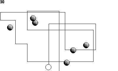 A bunch of ball shapes and lines on a white rectangular surface