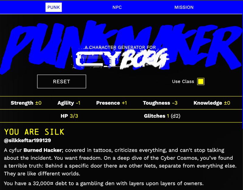 A screenshot from the Punkmaker describing a character called Cyfur, who's a "Burned Hacker"